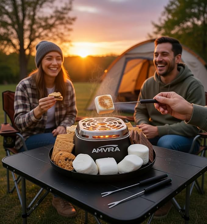 AMVRA Indoor Electric S'Mores Maker Smores Kit with 4 Stainless Steel Marshmallow Roasting Sticks and 4 Trays for Graham Crackers, Chocolate, and Marshmallows - Movie Night Supplies - Black