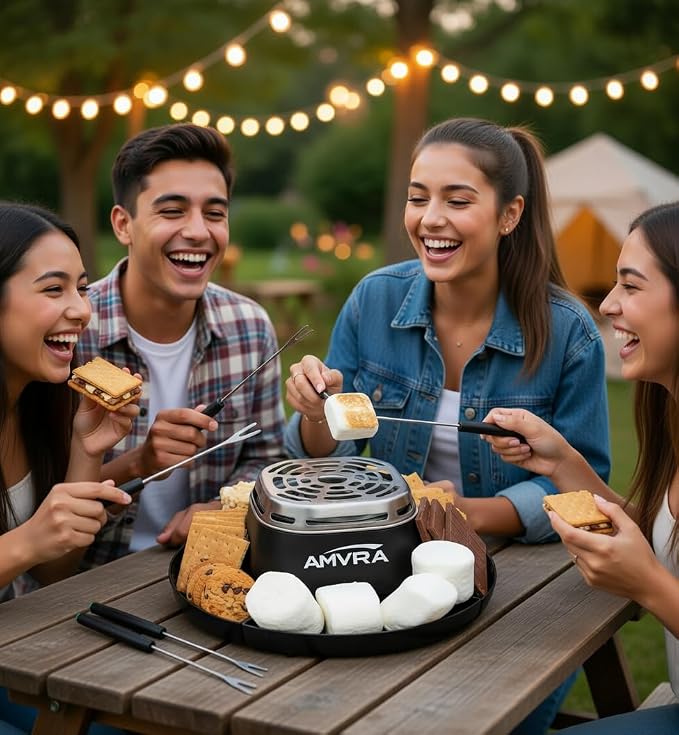 AMVRA Indoor Electric S'Mores Maker Smores Kit with 4 Stainless Steel Marshmallow Roasting Sticks and 4 Trays for Graham Crackers, Chocolate, and Marshmallows - Movie Night Supplies - Black
