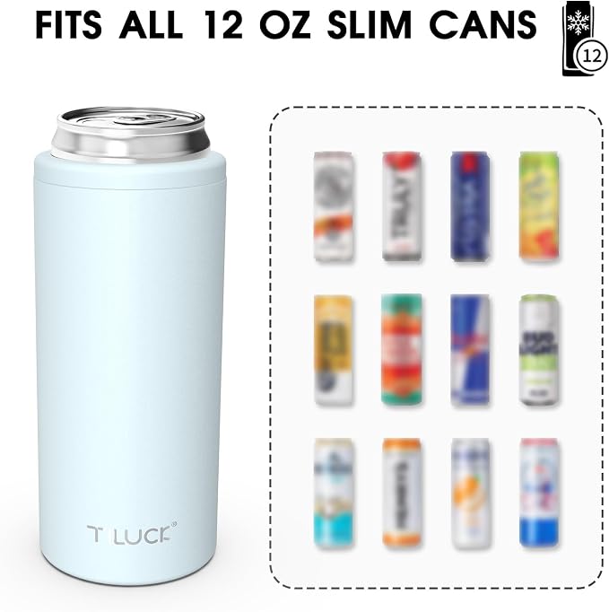 TILUCK Skinny Can Cooler, Stainless Steel Insulated Slim Cans, 12 oz | Beer & Hard Seltzer, Doucle-Walled Stainless Steel Insulated Slim Cans, Slim 12 oz(Frosted Sky)