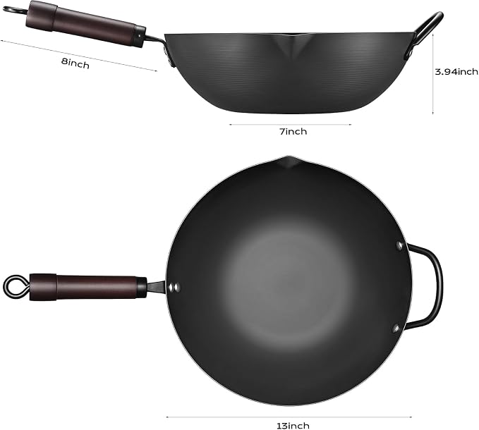 FGJ Wok, 13 Inch carbon steel wok pan with steamer & stir-fry pans nonstick, Pre-Seasoned 5.8QT Flat Bottom Chinese Woks Roasting Pan with lid, Carbon Steel Cookware, Compatible with All Cooktops