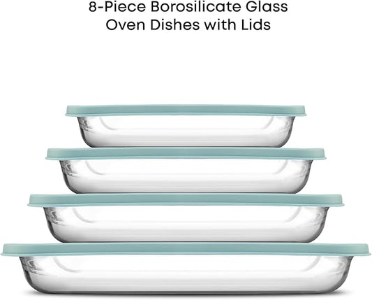 JoyJolt 8-Piece Borosilicate Glass Oven Dishes with Powder Blue Lids, Rectangle Deep Glass Baking Dish Set, Baking Pans for Lasagna Casserole Cake, Bakeware Set, Freezer to Oven Tray to Dishwasher