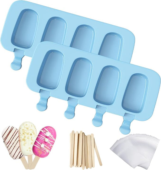 Ozera 2 Pack Silicone Popsicles Molds, Cake Pop Molds, Blue | Popsicles Molds Maker, with 50 Wooden Sticks & Bags, 4 Cavities Oval, Easy to Release