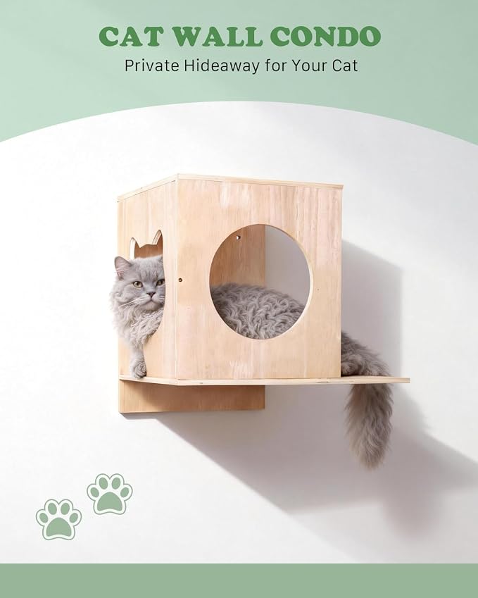 6 in 1 Solid Wood Cat Wall Shelves for Play & Rest, up to 33 lbs | Space-Saving, Cat Wall Furniture Set with Cat Bridge, Wall Condo, Hammock, Steps, Climbing Post & Scratching Pad