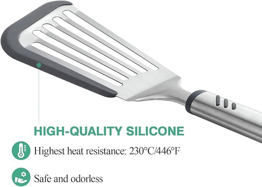 Fish Spatula for Nonstick Cookware, Stainless Steel Slotted Spatula with Silicone Edge, Flexible Metal Turner for Cooking, Flipping, Frying, 12.6" Egg Flipper Utensils, Heat Resistant Handle