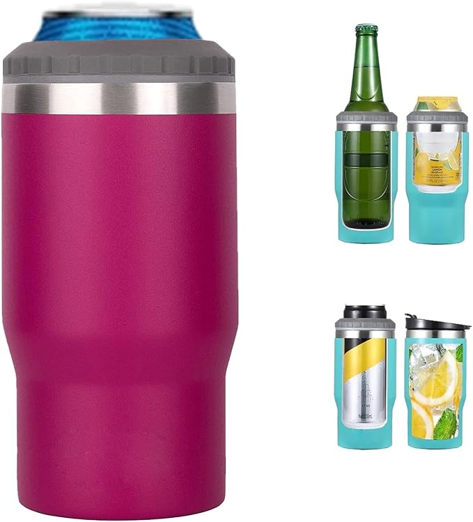 4 in 1 Stainless Steel Can/Bottle Insulator, 14oz Two-Way Lids SUS Insulated Can Cooler, Beer Bottle holder (Rose red)
