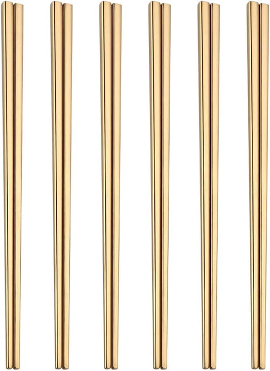 Stainless Steel Chopsticks,Reusable ,Dishwasher Safe , Easy to Use（6 PCS,golden）