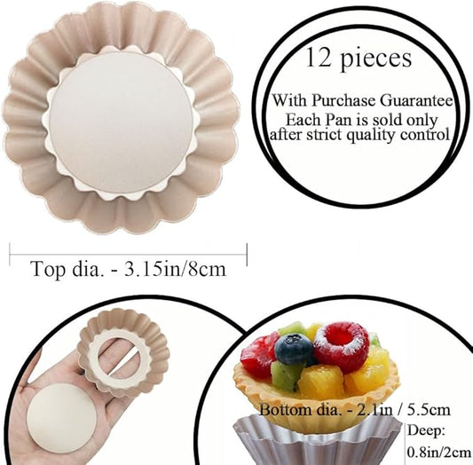 DATANYA Mini Tart Pans Removable Bottom 3 Inch, Carbon Steel Nonstick Quiche Pan Pie Tart Tin Mold, 0.8inches High for Baking Tartlets, Pies, Cakes, Cupcakes - Premium Champagne Gold 12PCS
