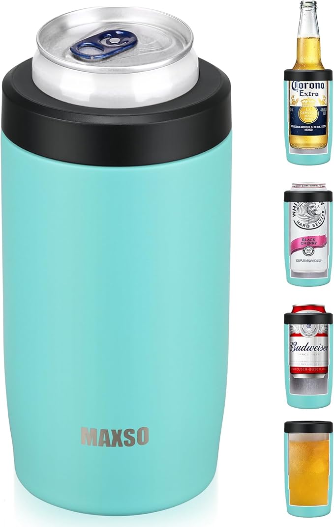MAXSO Slim Can Cooler, 4-in-1 Double Walled Stainless Steel Insulated Beer Can Holder, Works With All 12 Oz Cans,Bottles & As A Pint Cups - Turquoise