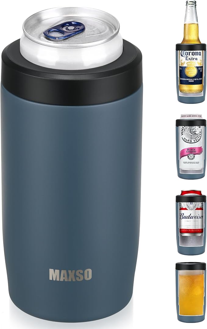 MAXSO Slim Can Cooler, 4-in-1 Double Walled Stainless Steel Insulated Beer Can Holder, Works With All 12 Oz Cans,Bottles & As A Pint Cups - Navy Blue