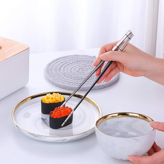 Buyer Star Stainless Steel Korean Chopsticks Spoons and Fork Set, 2 Pack Reusable Forks and Spoons Silverware Korean Utensil Set, Portable Utensils Dinnerware for Home (Black)