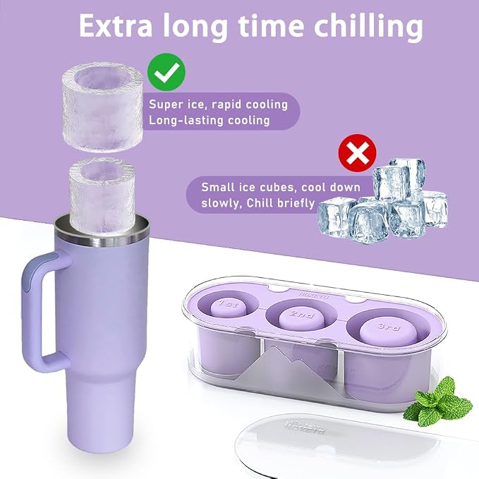 2PC Silicone Ice Mold for Stanley Cup 30 40oz, Tumbler Ice Maker | Easy Fill and Release Without Touching Ice, Ice Cube Tray with Clear Lid for Freezer, Whiskey, Cocktail (Purple+Purple)