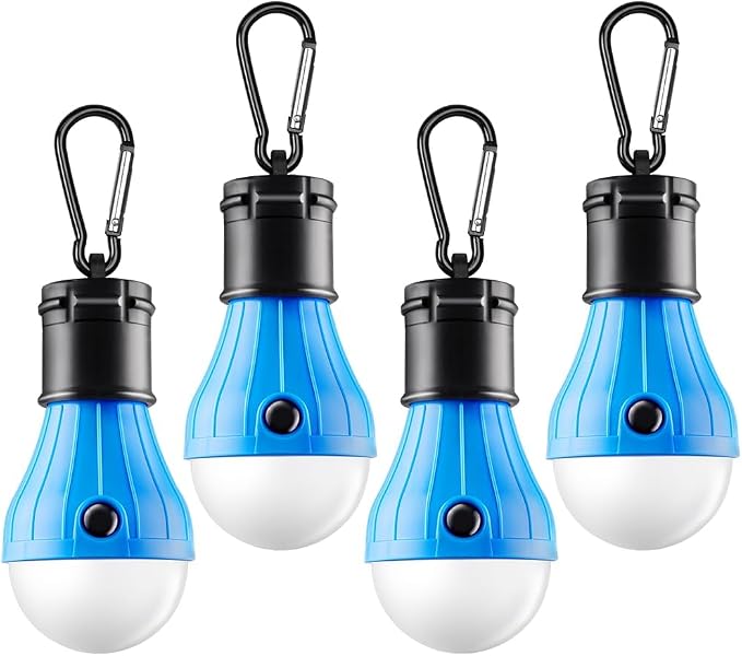 FLY2SKY Tent Lamp Portable LED Tent Lights Blue 4 Packs Hook Hurricane Emergency Lights LED Camping Lights Bulb Camping Tent Lanterns Camping Equipment for Camping Hiking Backpacking Fishing Outage | Battery Powered LED Tent Lights Bulbs Outdoor Campin...