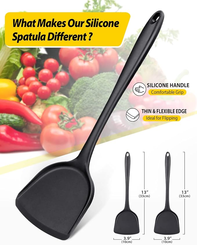 BUNDLEPRO Silicone Seamless Wok Spatula, 2 Pack, Black | Non-Stick, Heat Resistant, Easy to Clean, Dishwasher Safe, Kitchen Utensils for Cooking, Baking, Stir-Fry