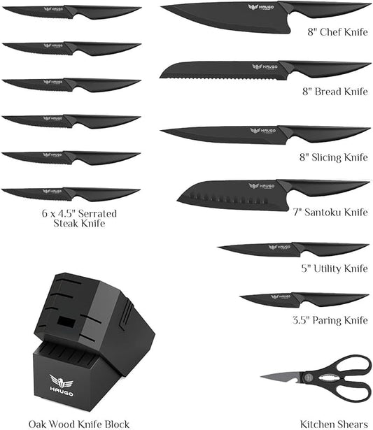 Knife Set - Haugo 15 PCS Kitchen Knife Set with Built in Sharpener - High Carbon German Stainless Steel - Dishwasher Safe Knife Block Set - Anti-Slip Handle - Black Mamba Series