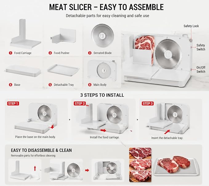 Meat Slicer Machine for Home,Foldable 150w Electric Meat Slicer with 6.7"Removable Stainless Steel Blade & Tray | 0-15mm Adjustable Thickness | Dual Safety Lock, Food Deli Slicer for Frozen Meat Jerky