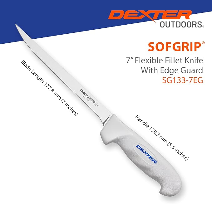 Dexter Outdoors SOFGRIP 7" Flexible Fillet Knife with Edge Guard | Corrosion-resistant high-carbon American stainless blade with soft slip-resistant grip. Edge guard included, made in USA.