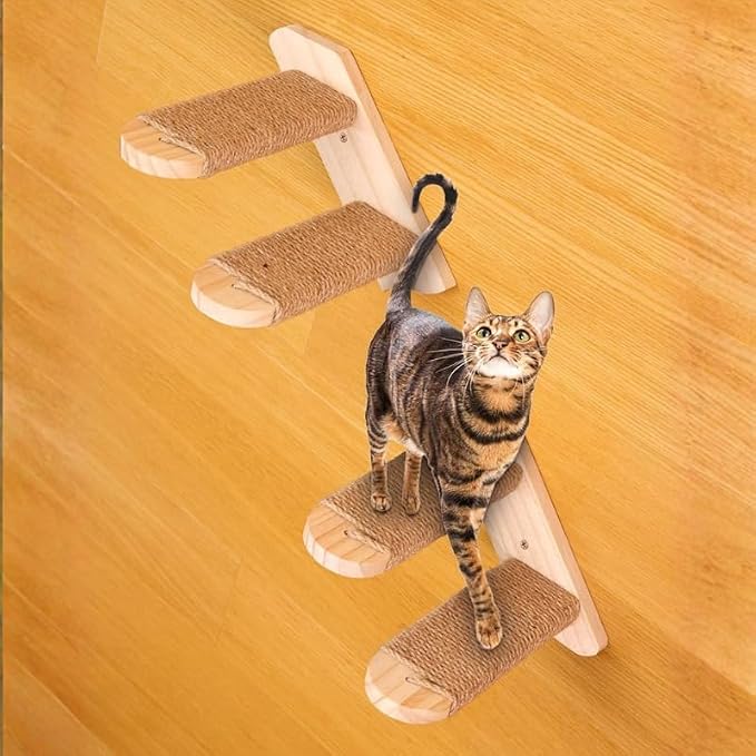 Wall Mounted Cat Shelf, 2 Pack 2 Step Wooden Stairway with Jute Rope, Space-Saving Modular Climbing Ladder for Indoor Cats, for Climbing, Resting, Scratching