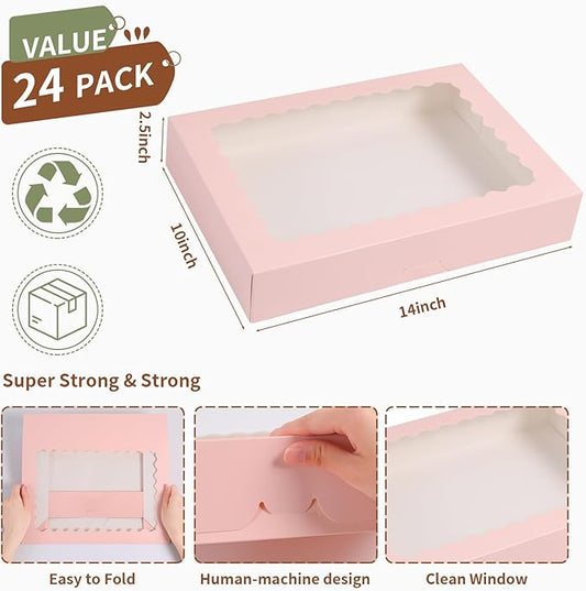 Cookie Boxes,14x10x2.5 Inch Large Bakery Boxes with Window for Pies Chocolate Strawberries Muffins Donuts Pastry Dessert Christmas(Pink, 14 * 10 * 2.5inch/24pcs)
