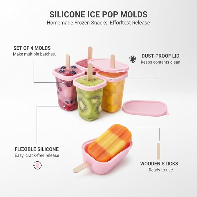 Easy-Release Homemade Popsicles with Silicone Mold, Lids & Sticks for Juice or Yogurt, 5 fl oz Capacity