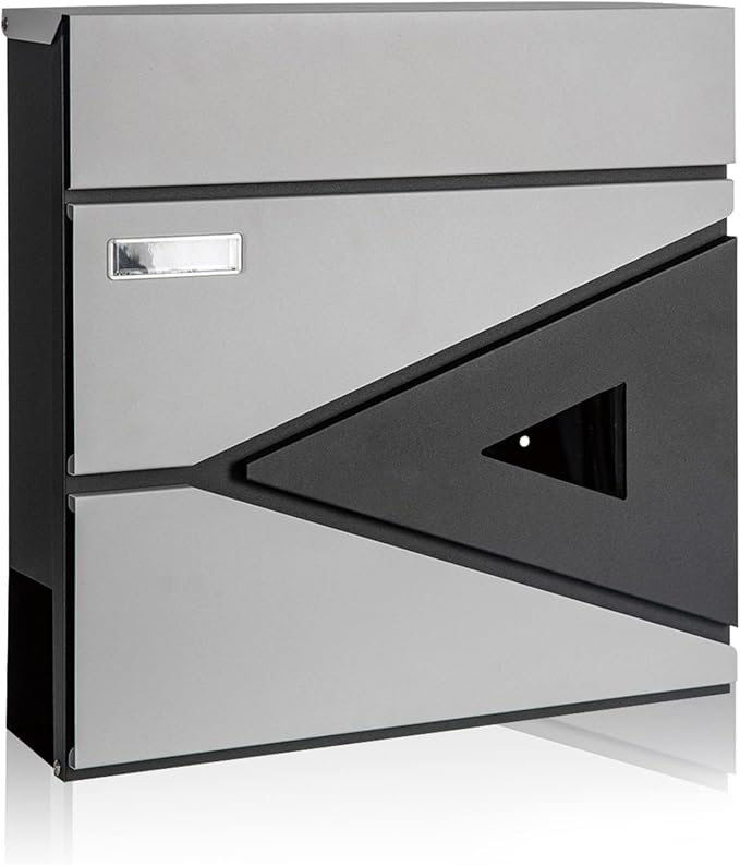 Wall-Mount Mailbox for House Outside, Security Drop Box with Lock and Keys, Steel Metal Mail Box with Newspaper Compartment, 14.57 x 14.57 x 4.33 Inch, Grey & Black, MD039 X-Large
