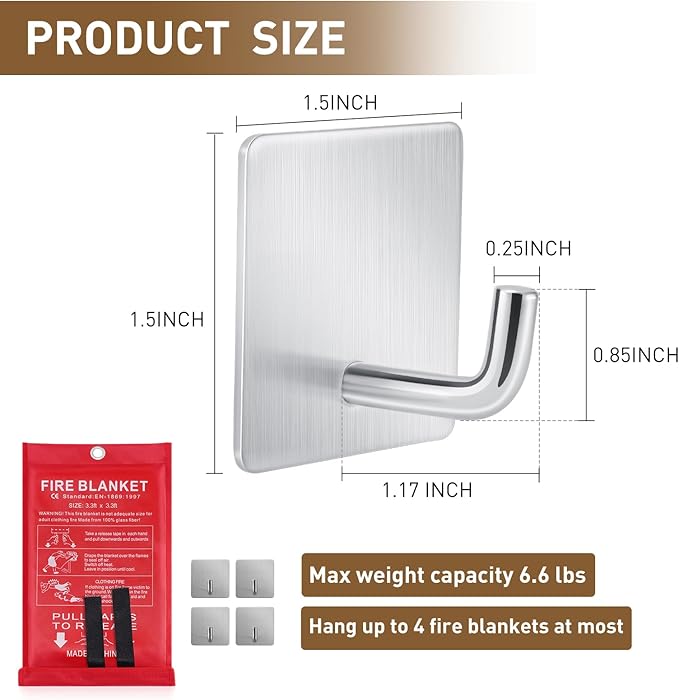 Adhesive Wall Hooks for Kitchen Home - Mondoshop Waterproof Stainless Steel Hooks for Fire Blankets, Office, Outdoor Hanging, Max Load Capacity 6.6LBs