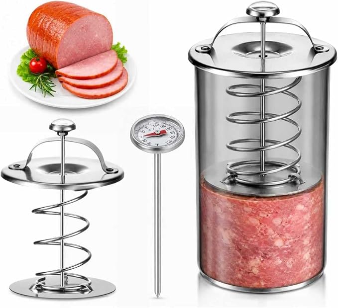 304 Stainless Steel Ham Maker with Thermometer, Lunch Meat Press Mold for Homemade Cold Cuts, Rolled Meat, 2 LB Capacity