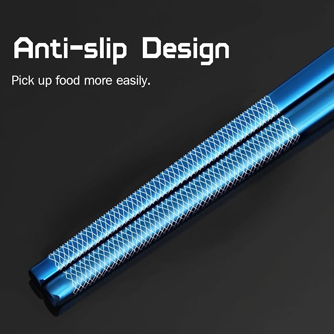 Reusable Titanium Plated Stainless Steel Chopsticks with Holder, Dishwasher Safe Lightweight Japanese Style Chopsticks Gift Set (Blue)