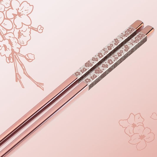 Chopsticks Reusable 18/8 Stainless Steel Chopsticks Pink Sakura Laser Engraved Metal Chop sticks Non-Slip Dishwasher Safe Japanese Korean Chopstick for Cooking Eating 5 Pairs Premium Gift Set
