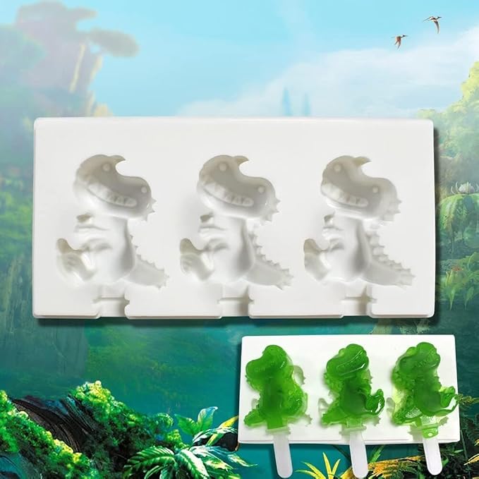 1 Pack Cute Dinosaur Shape Popsicle Molds Silicone Ice Pop Molds 3 Cavities Popsicle Molds for Kids Adults Ice Cream Mold Cakesicles Mould DIY Popsicle Maker Homemade Popsicle Silicone Molds I