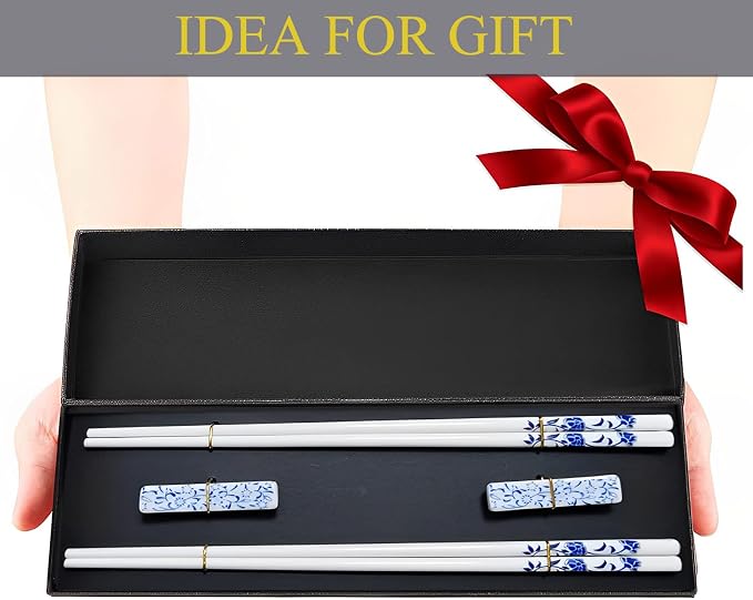 Ceramic Chopsticks Reusable with Porcelain Holder 2 Pairs Blue Rose | Delicate Box,Blue and White Porcelain,Gift set,Dishwasher Safe,Easy to clean,Cooking chopsticks