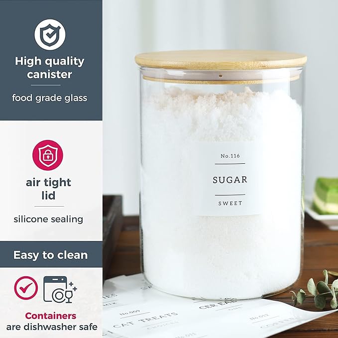CZSZYGHBAO Large Glass Flour and Sugar Containers Jars with Bamboo Airtight Lid - 100 Fl Oz (3000ml) with Kitchen 42 Pantry Labels for Dry Food, Flour, Pasta, Cereal