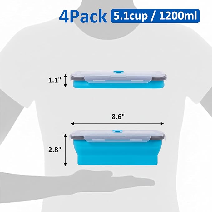 Collapsible Silicone Food Storage Containers Set with Lid & Air Vent,Foldable Lunch Containers(4PCS,Blue,40oz)