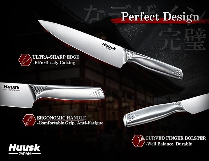 Huusk Kitchen Knife Set with Block & Built-in Sharpener - 14 pcs | Japanese Stainless Steel Knife Block Set, Sharp Chef Knife Set with Scissors, Ergonomic Handle, Gifts for Men Women