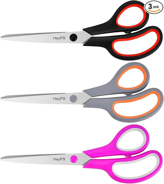 3-Pack 8.5" Ultra Sharp Stainless Steel Scissors - All Purpose Heavy Duty Shears for Office, Crafts, Sewing, Home - Rust Proof, Comfort Grip - Great Gift for Teacher Mom Crafter