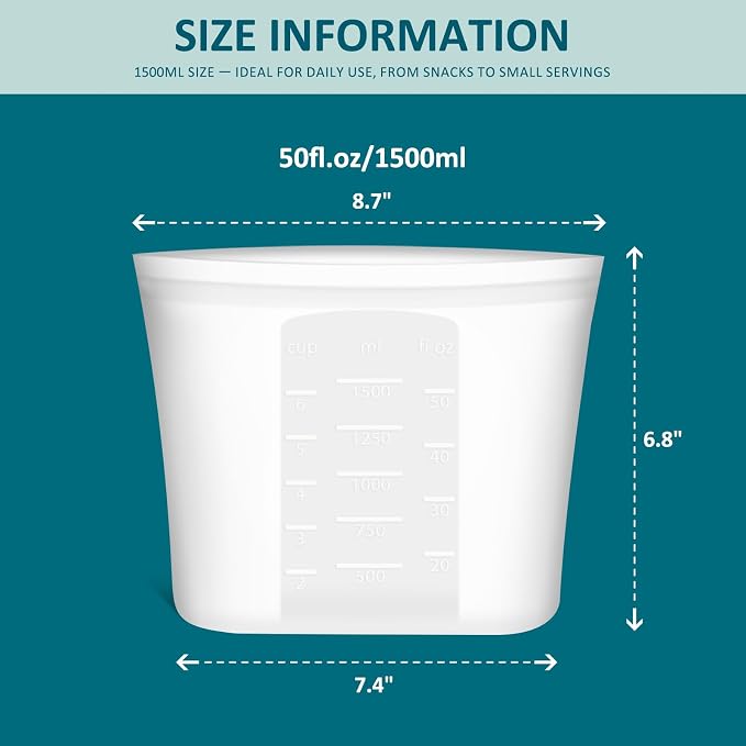Small Reusable Silicone Food Storage Bags 4 Pack, 51fl oz/1500ml, 100% Silicone Stand-Up Wide-Open Zip-Lock Reusable Bags for Small Items, Microwave Freezer Oven Dishwasher Safe, Translucent