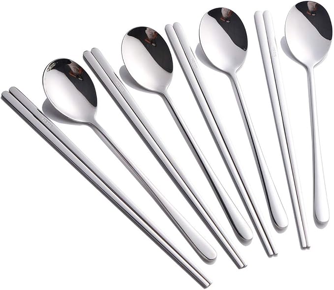 Buyer Star 4 Set Silver Korean Chopsticks Spoon Set Reusable Metal Stainless Steel Spoon Chopstix Set