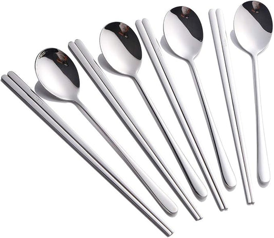 Buyer Star 4 Set Silver Korean Chopsticks Spoon Set Reusable Metal Stainless Steel Spoon Chopstix Set