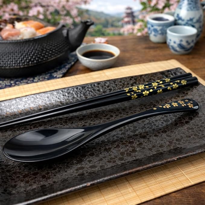 Premium Japanese Chopsticks with Spoon Reusable [ Made in Japan ] Traditional Lacquer Art Wooden Chopsticks (Gold Flower BK(YM2001))