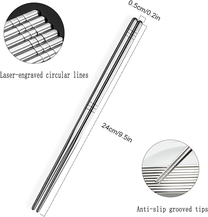 Stainless Steel Chopsticks, 5 Pairs Square Lightweight Non-Slip Korean Chopsticks, 9.5" Chop Sticks Reusable for Home Hotel Restaurant, Dishwasher Safe