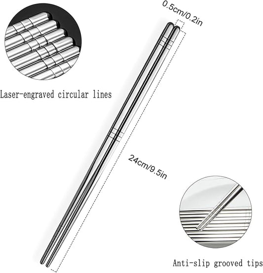 Stainless Steel Chopsticks, 5 Pairs Square Lightweight Non-Slip Korean Chopsticks, 9.5" Chop Sticks Reusable for Home Hotel Restaurant, Dishwasher Safe