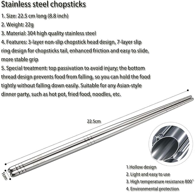 5 Pairs Metal Chopsticks, Stainless Steel Chopsticks Set, Reusable, Lightweight 304 Non-Slip Chop Sticks, Dishwasher Safe, Japanese Korean for Cooking, 8.9 Inch, Silver