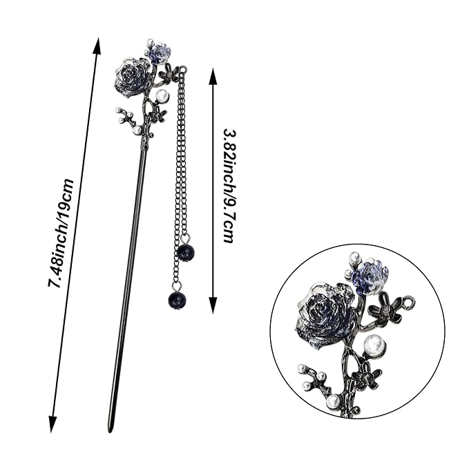6PCS Chinese Hair Sticks Set, Black Japanese Hair Stick with Pearl Flower Butterfly Design Metal Hair Chopsticks Hair Bun Updo Holders Long Thick Hair Accessories for Women