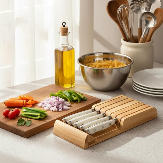 Alata 6-Piece White Steak Knives Set with Block, Stainless Steel Steak Knife set with Serrated Edge, Razor-Sharp, Full-Tang Construction, Dishwasher Safe