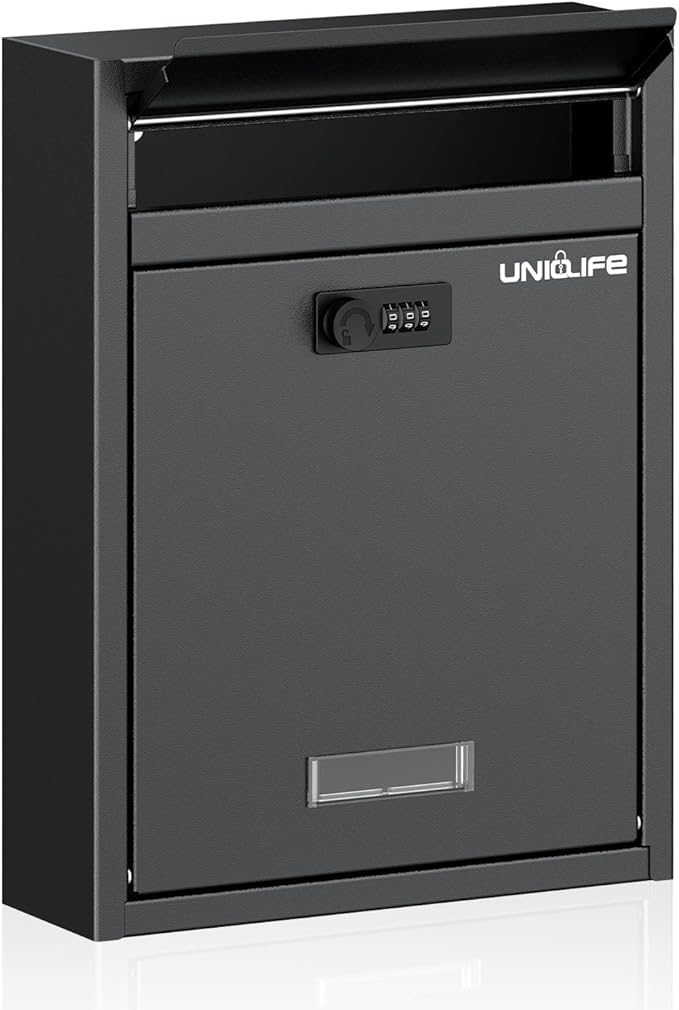 Uniclife Wall Mount Mailbox for Outside, Large Locking Mailbox, Black | Security Mail Box with Combination Lock, Safe Key Drop Box, Post Box, Steel Cash Drop Box for Home Office School