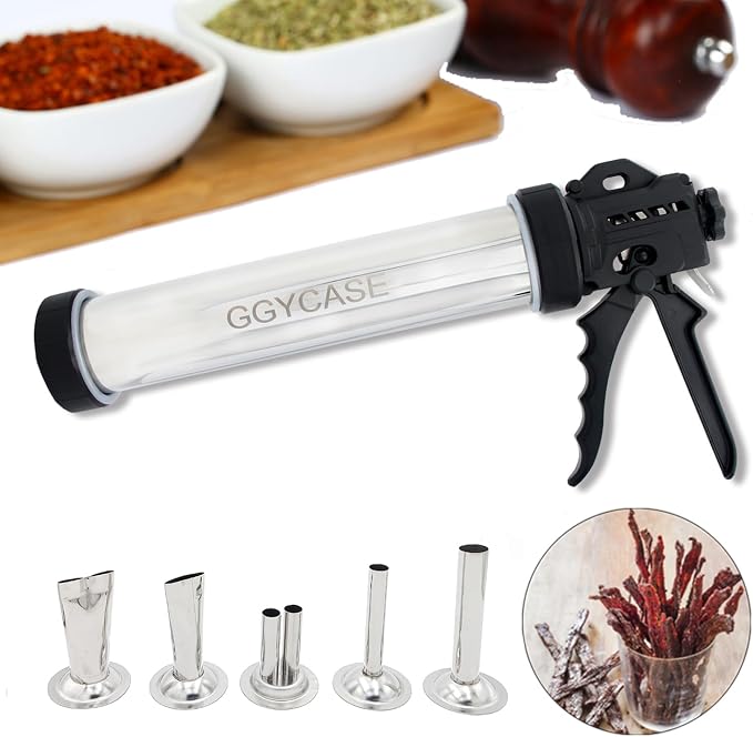 2LB Large Capacity Stainless Steel Jerky Gun Kits, Sausage Stuffer Machine, Meat Gun, Beef Jerky Maker with 5 Stainless Nozzles 3 Brushes