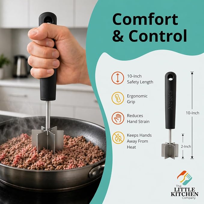 Stainless Steel Meat Chopper & Masher, 6-Blade, Full Grip, Dishwasher Safe