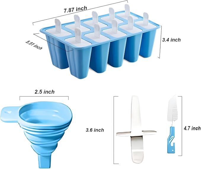 Silicone Popsicle Molds 10 Pcs Ice Pop Maker Molds with 10 Reusable Sticks, Cleaning Brush and Funnel - Homemade Easy-Release Reusable Popsicle Moulds Shapes (Blue)
