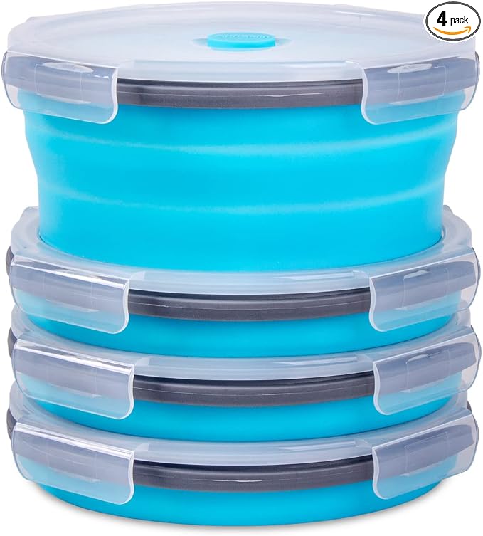 Collapsible Food Storage Containers with Airtight Lid & Vent, 40.5 oz, Kitchen Stacking Silicone Collapsible Meal Container Set for Leftover, Microwave Freezer Dishwasher Safe, Blue Round, Set of 4
