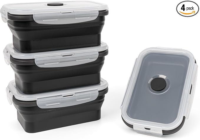 Collapsible Silicone Food Storage Containers Set with Lid & Air Vent,Foldable Lunch Containers(4PCS,Black,17oz)