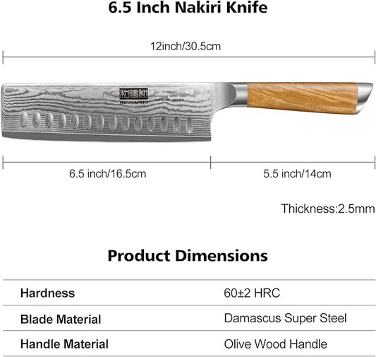 HOSHANHO Damascus Nakiri Knife 6.5 Inch, Super Sharp Damascus 10Cr15CoMoV Japanese Kitchen Knife, Cleaver and Vegetable Knife with Ergonomic Olive Wood Handle